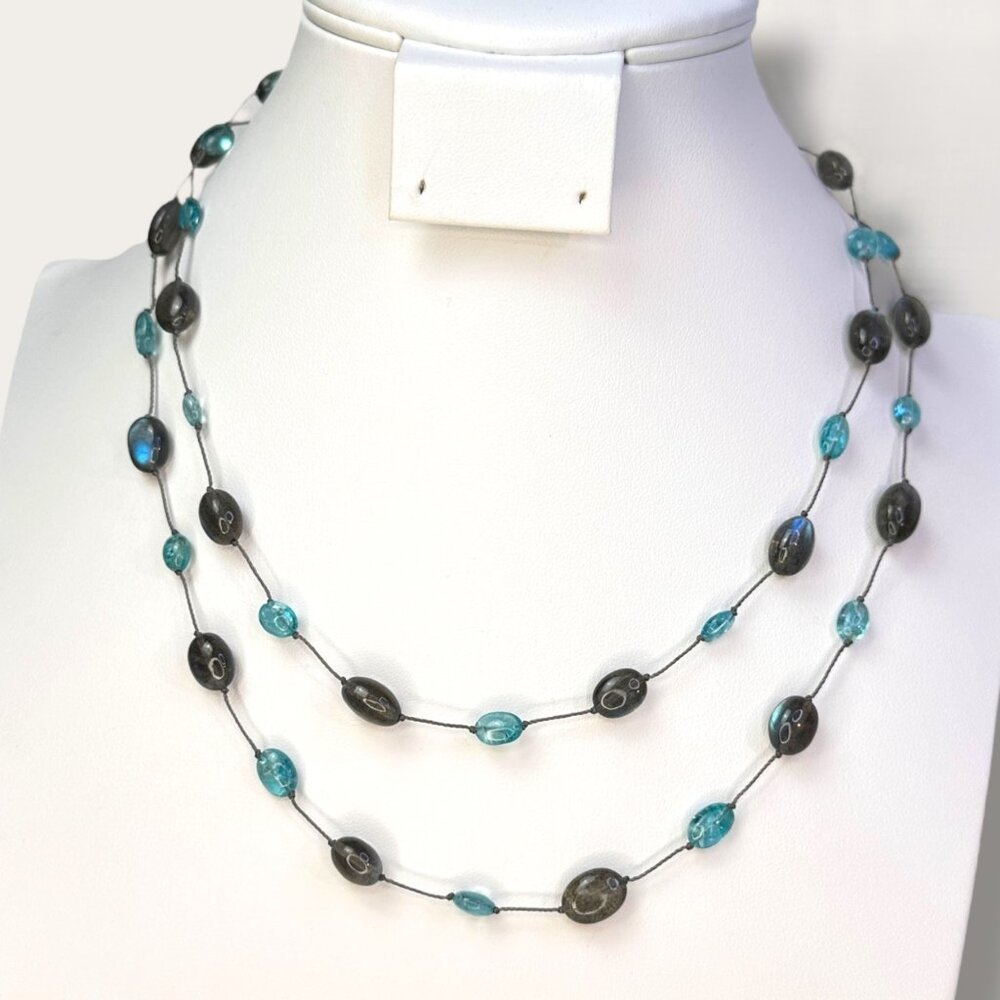 Handcrafted Sea Glass Bead Necklace Hand Knotted Aqua & Smoky Bead 36 inch EVC - Picture 3 of 13